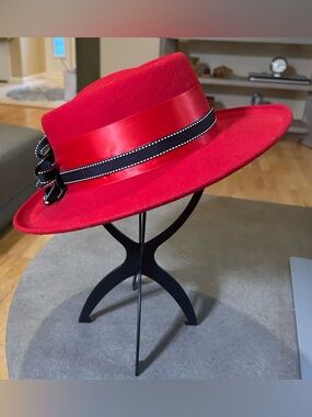 ETMAR ‘New York’ Red Wool Ladies Brimmed Hat w  Red Ribbon & Black Accent Ribbon